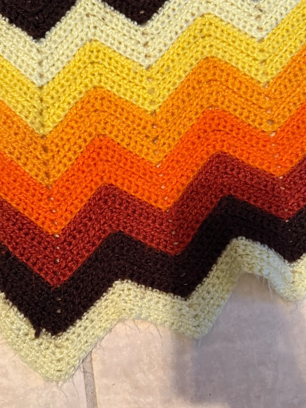 Vintage Handmade Crochet Afghan Blanket Sunset Earth Tone Chevron Zig Zag Large